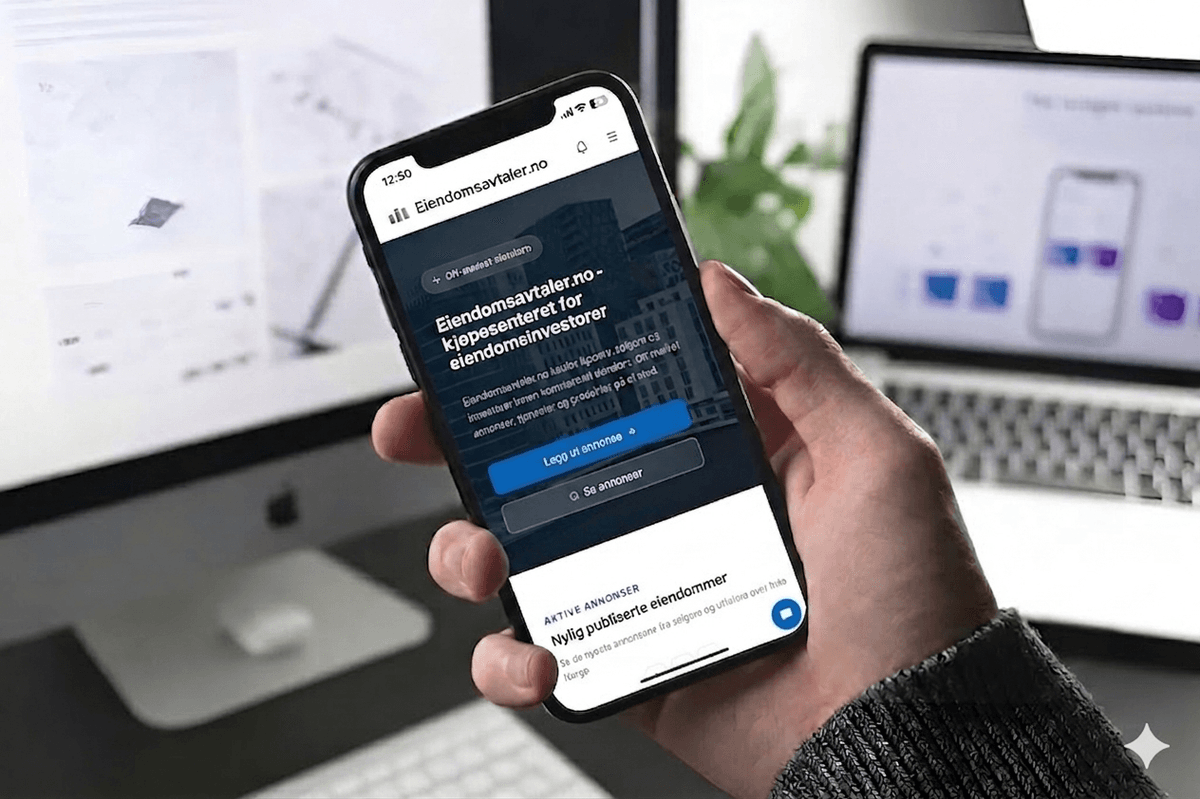 Et bilde av en hånd som holder en smarttelefon med nettsiden Eiendomsavtaler.no på skjermen. Nettsiden tilbyr en tjeneste for eiendomsinvestorer med funksjoner som "Off-marked eiendom", "Legg ut annonse", og "Se annonser". I bakgrunnen ser man et kontormiljø med datamaskiner, tastaturer, en grønn plante og tastaturer, noe som understreker et digitalt arbeidsmiljø og proptech-fokus.